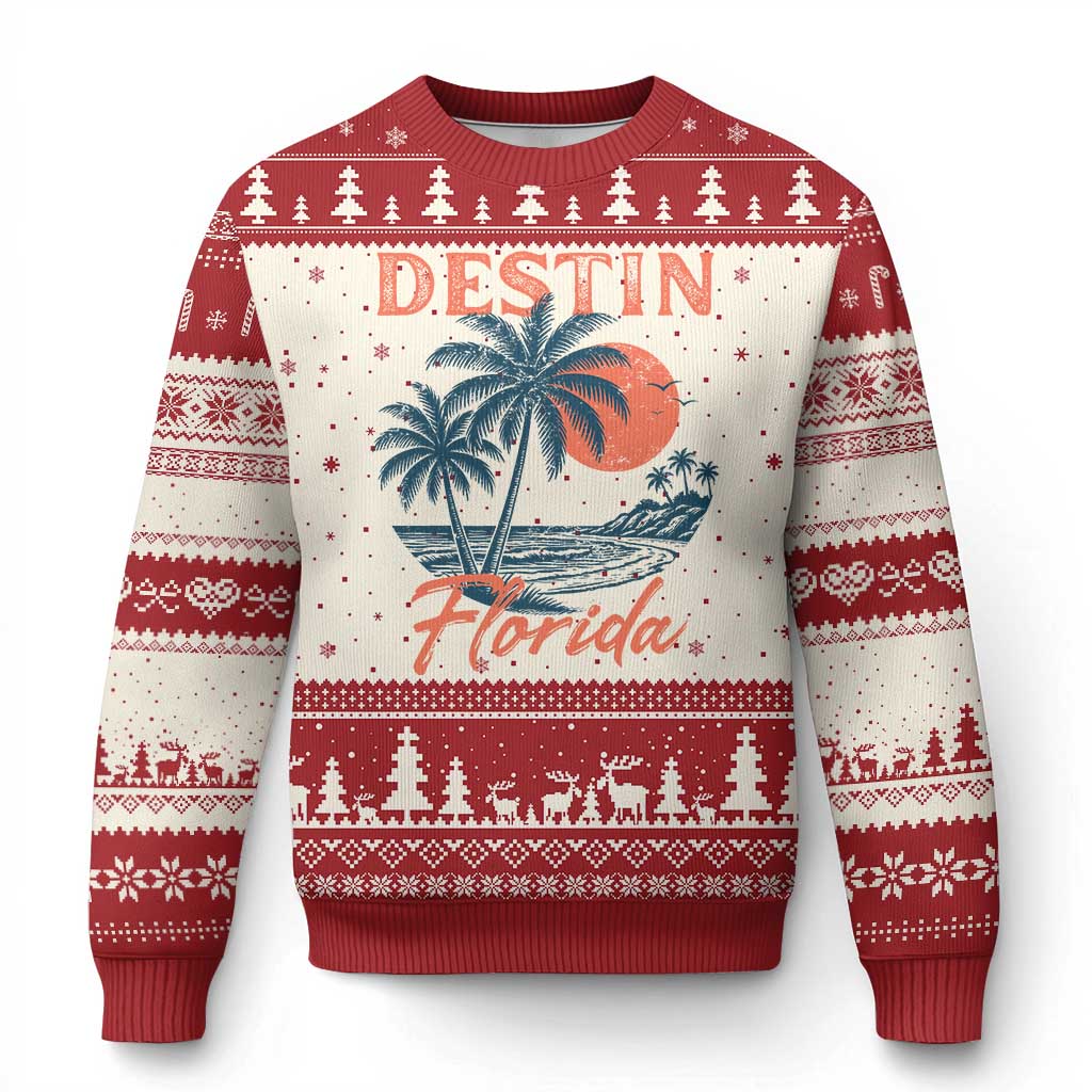 Vintage Destin Florida Beach Ugly Christmas Sweater Sunset Palm Tree Graphic TS12 Beige Red Print Your Wear