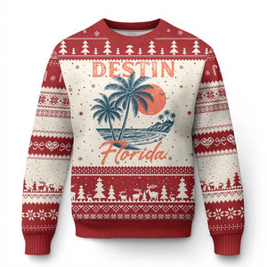 Vintage Destin Florida Beach Ugly Christmas Sweater Sunset Palm Tree Graphic TS12 Beige Red Print Your Wear