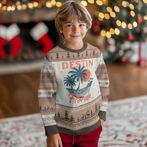 Vintage Destin Florida Beach Ugly Christmas Sweater Sunset Palm Tree Graphic TS12 Mocha Mousse Print Your Wear
