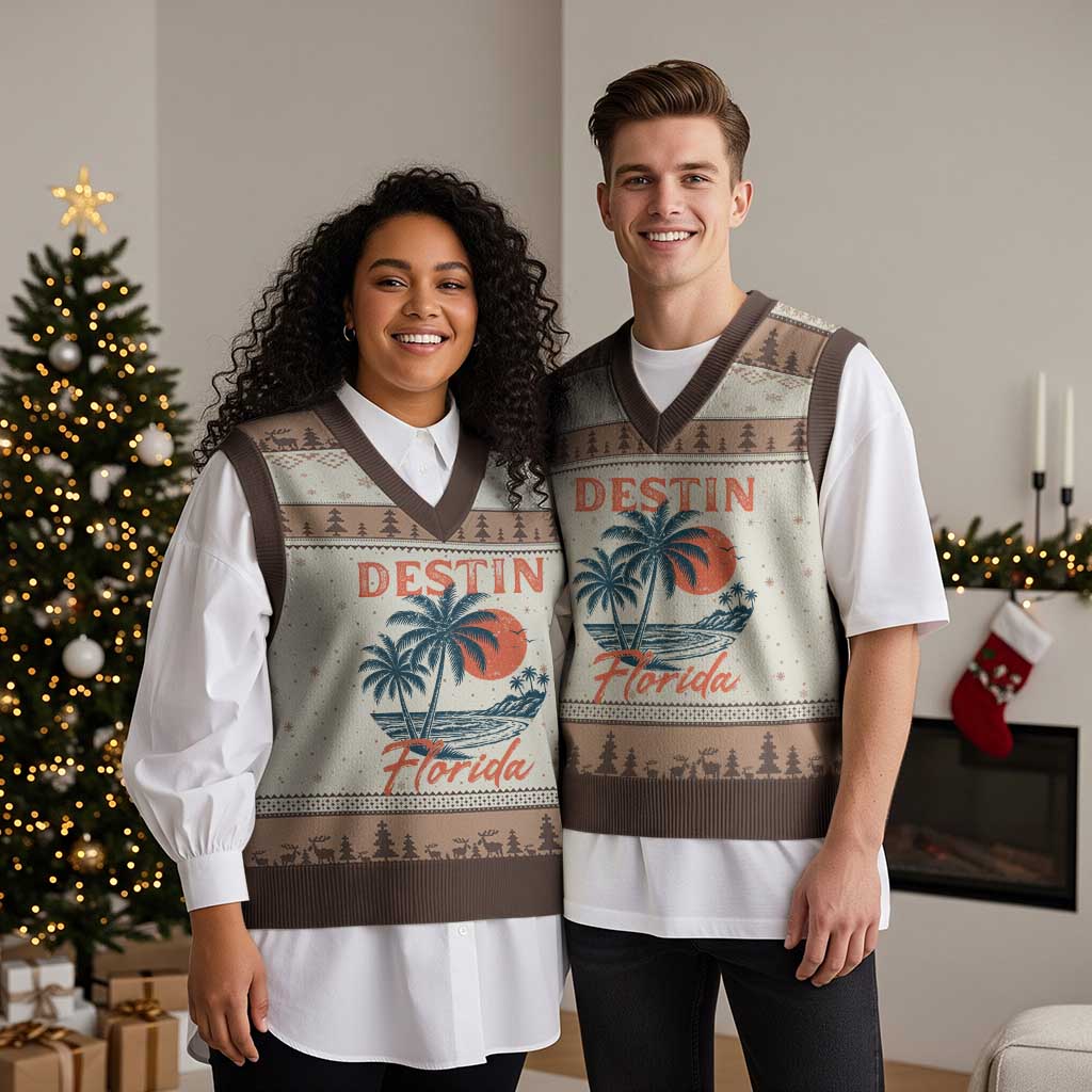 Vintage Destin Florida Beach V-Neck Knit Sweater Vest Sunset Palm Tree Graphic TS12 Mocha Mousse Print Your Wear