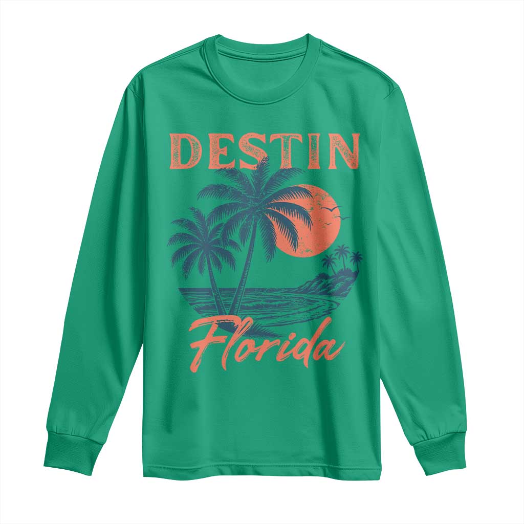 Vintage Destin Florida Beach Long Sleeve Shirt Sunset Palm Tree Graphic TS12 Irish Green Print Your Wear