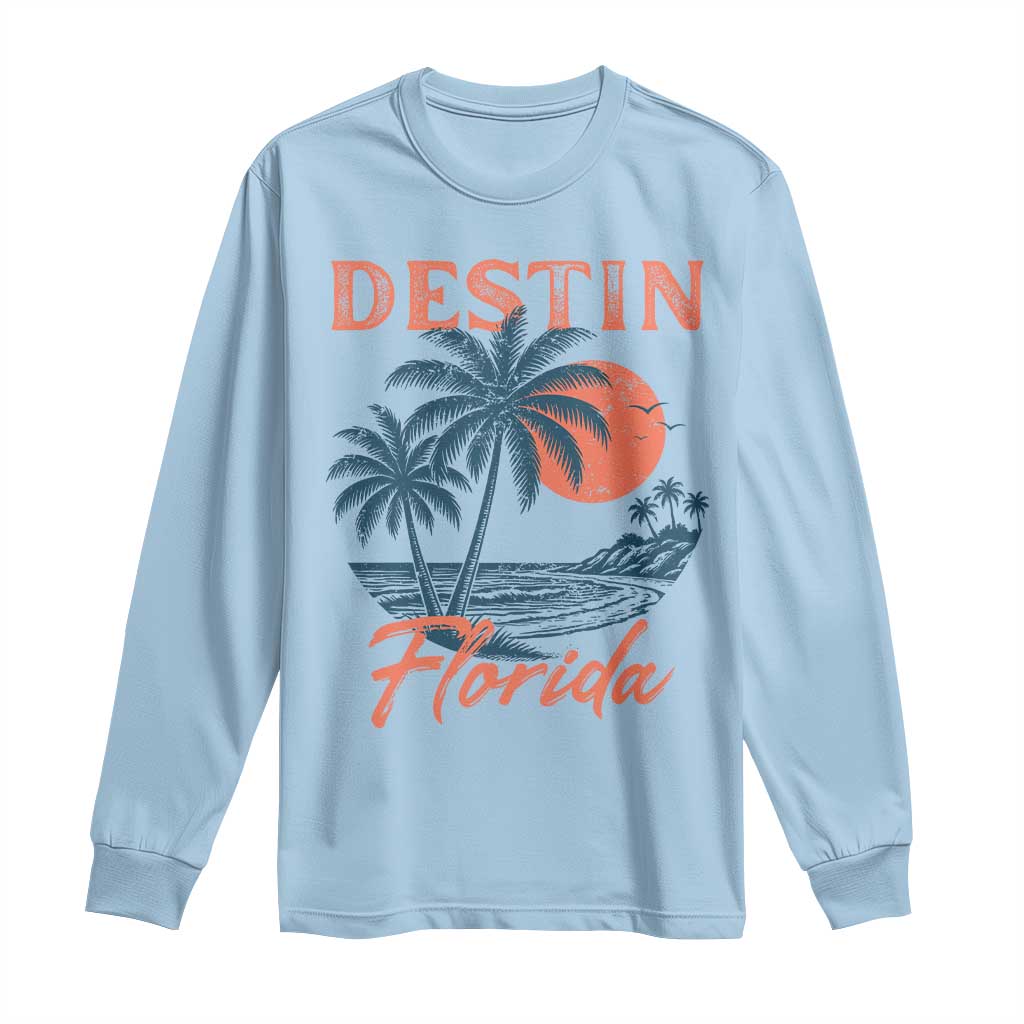 Vintage Destin Florida Beach Long Sleeve Shirt Sunset Palm Tree Graphic TS12 Light Blue Print Your Wear