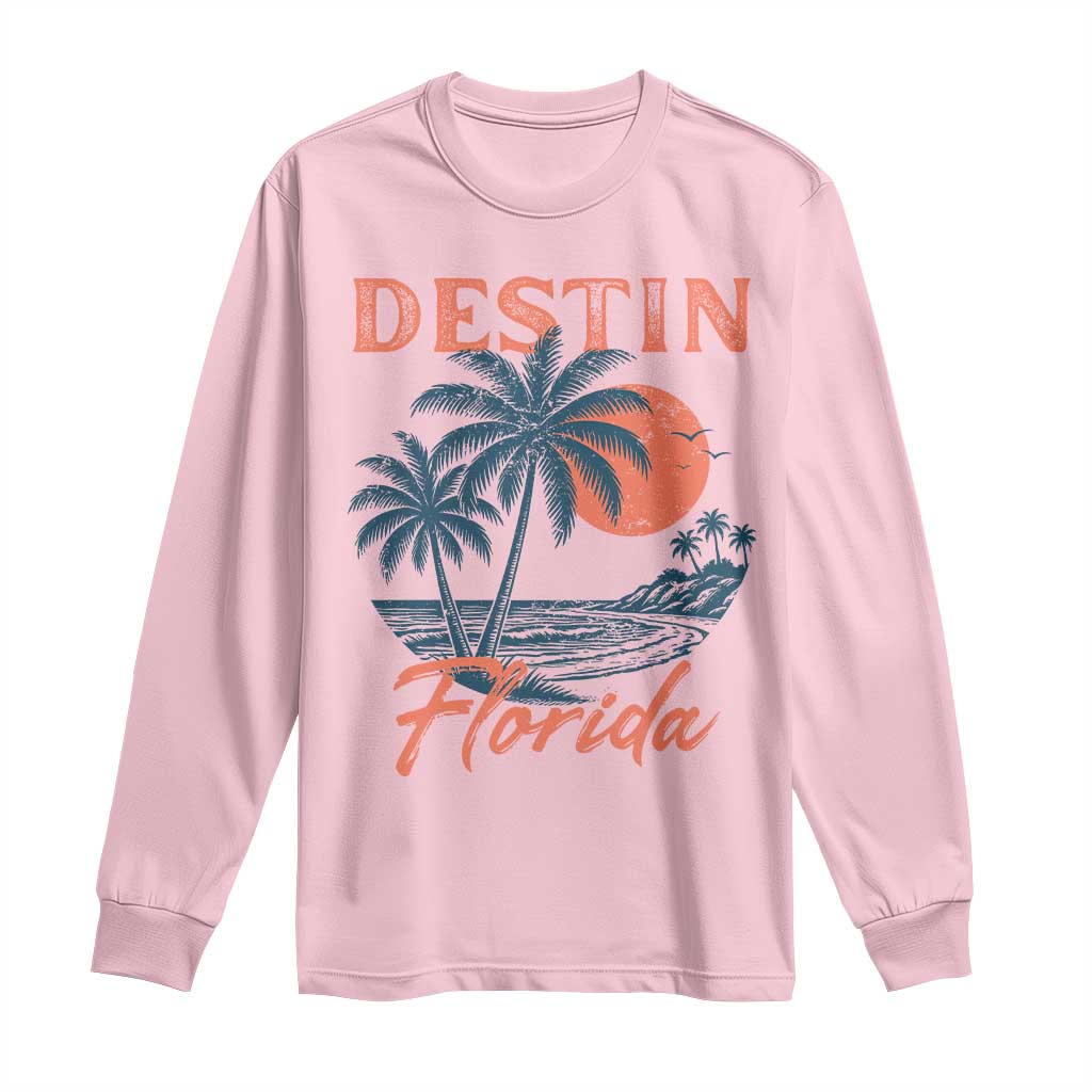 Vintage Destin Florida Beach Long Sleeve Shirt Sunset Palm Tree Graphic TS12 Light Pink Print Your Wear