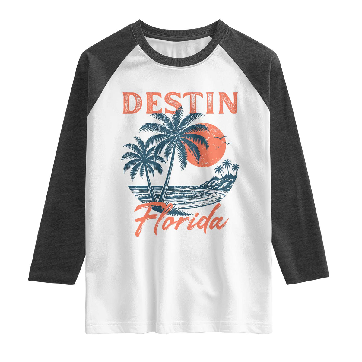 Vintage Destin Florida Beach Raglan Shirt Sunset Palm Tree Graphic TS12 White Heather Charcoal Print Your Wear
