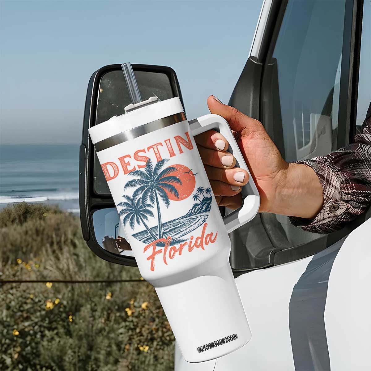 Vintage Destin Florida Beach Tumbler With Handle Sunset Palm Tree Graphic TS12 Print Your Wear