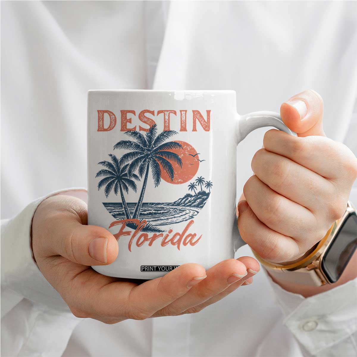 Vintage Destin Florida Beach Coffee Mug Sunset Palm Tree Graphic TS12 Print Your Wear