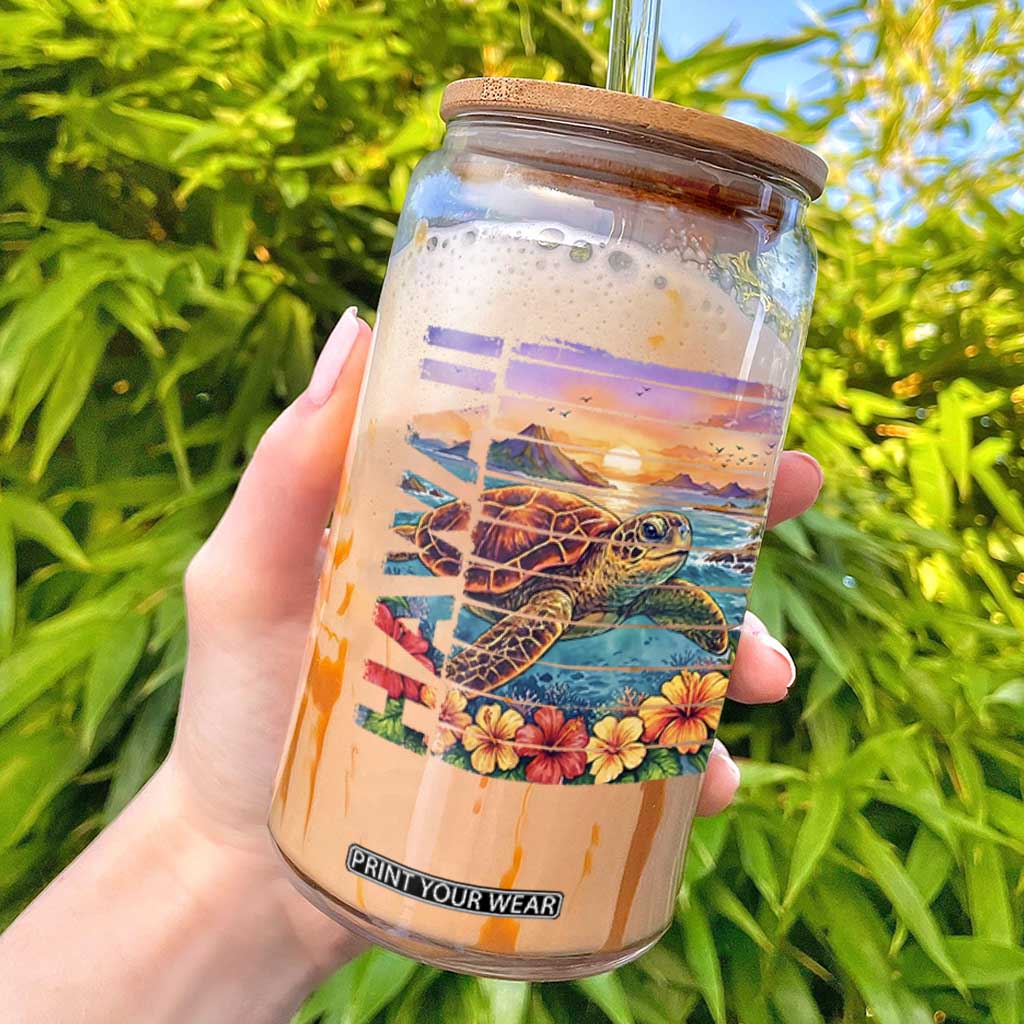 Hawaii Sea Turtle Glass Can Tropical Sunset Island Vacation Gift TS12 White Print Your Wear
