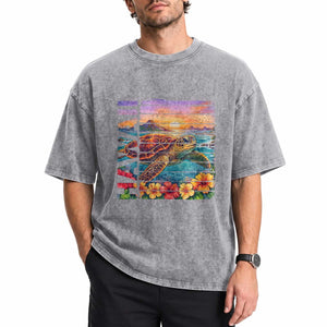 Hawaii Sea Turtle Washed Cotton T-Shirt Tropical Sunset Island Vacation Gift