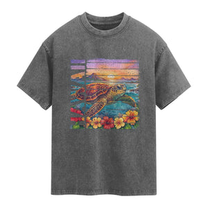 Hawaii Sea Turtle Washed Cotton T-Shirt Tropical Sunset Island Vacation Gift