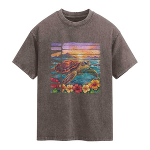 Hawaii Sea Turtle Washed Cotton T-Shirt Tropical Sunset Island Vacation Gift