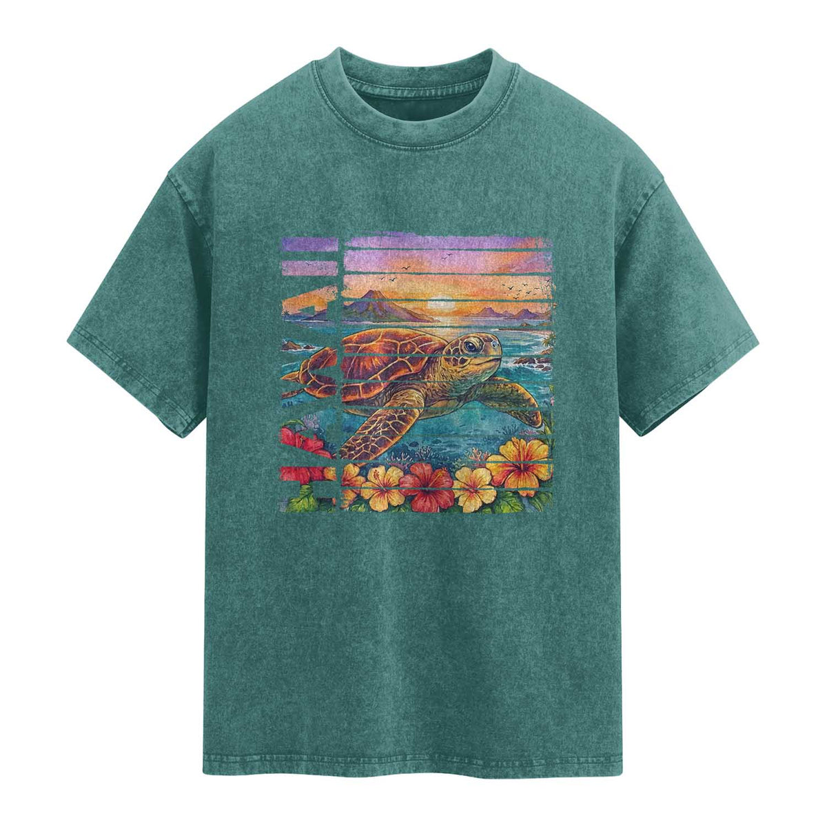 Hawaii Sea Turtle Washed Cotton T-Shirt Tropical Sunset Island Vacation Gift