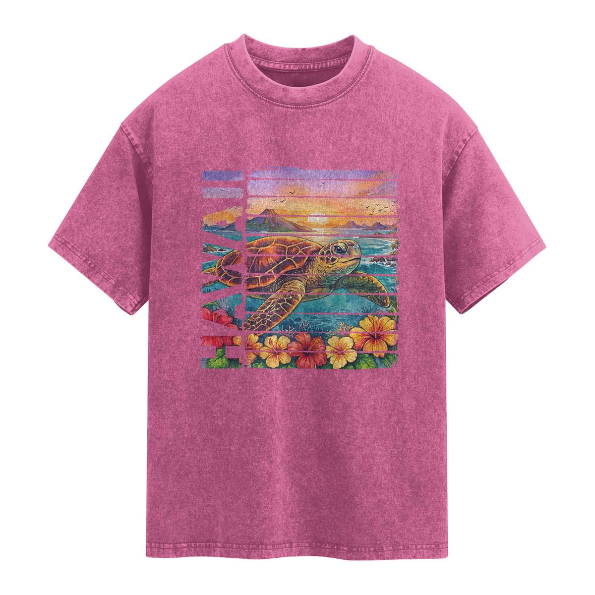 Hawaii Sea Turtle Washed Cotton T-Shirt Tropical Sunset Island Vacation Gift
