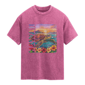 Hawaii Sea Turtle Washed Cotton T-Shirt Tropical Sunset Island Vacation Gift
