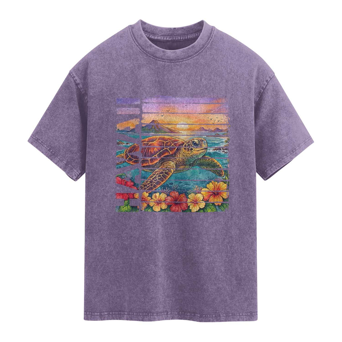 Hawaii Sea Turtle Washed Cotton T-Shirt Tropical Sunset Island Vacation Gift