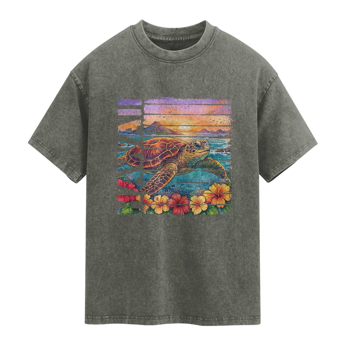 Hawaii Sea Turtle Washed Cotton T-Shirt Tropical Sunset Island Vacation Gift