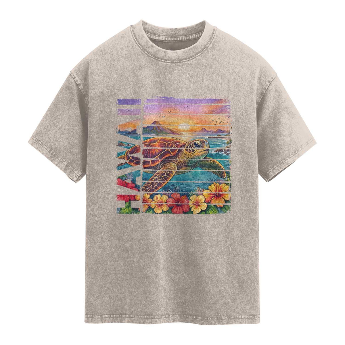 Hawaii Sea Turtle Washed Cotton T-Shirt Tropical Sunset Island Vacation Gift