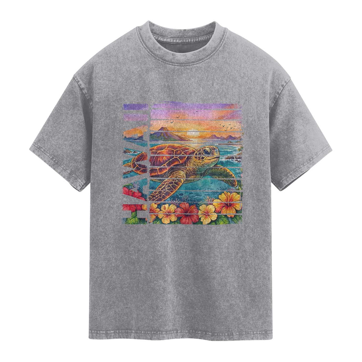 Hawaii Sea Turtle Washed Cotton T-Shirt Tropical Sunset Island Vacation Gift