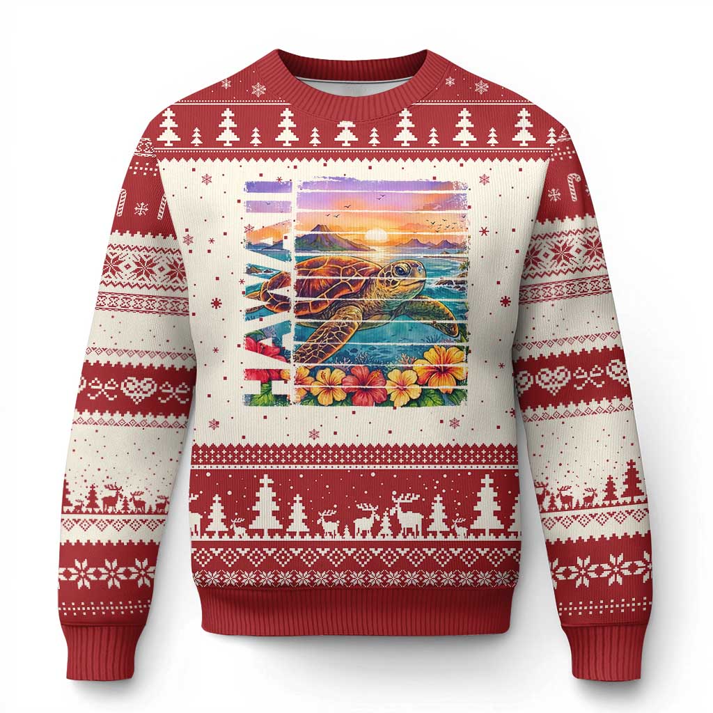 Hawaii Sea Turtle Ugly Christmas Sweater Tropical Sunset Island Vacation Gift TS12 Beige Red Print Your Wear