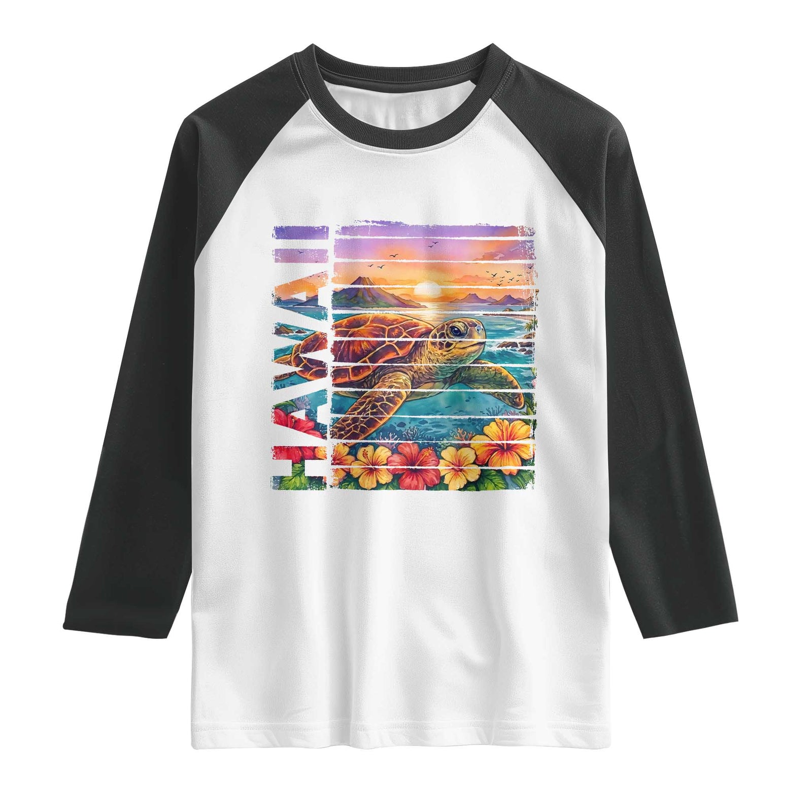 Hawaii Sea Turtle Raglan Shirt Tropical Sunset Island Vacation Gift TS12 White Black Print Your Wear