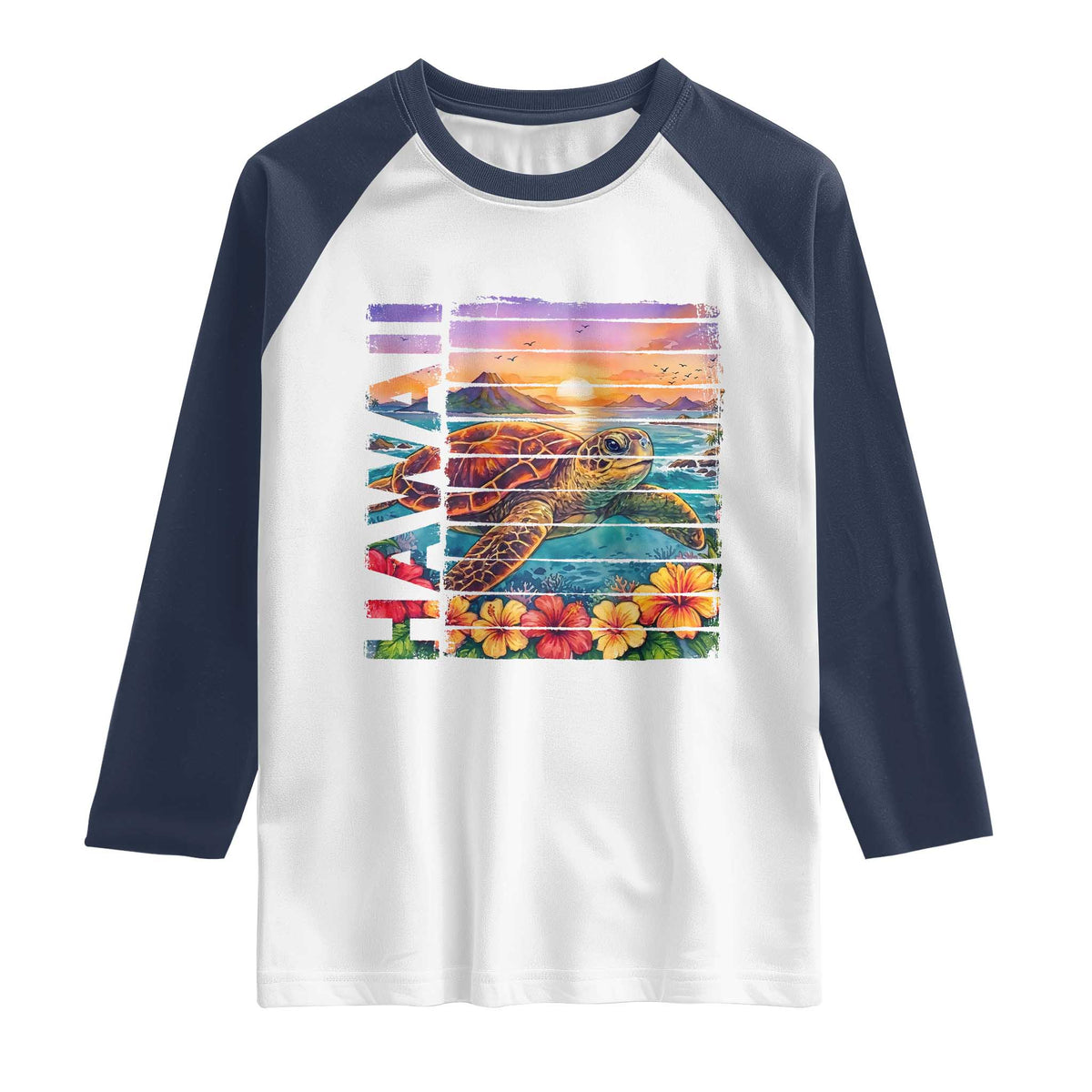 Hawaii Sea Turtle Raglan Shirt Tropical Sunset Island Vacation Gift TS12 White Navy Print Your Wear