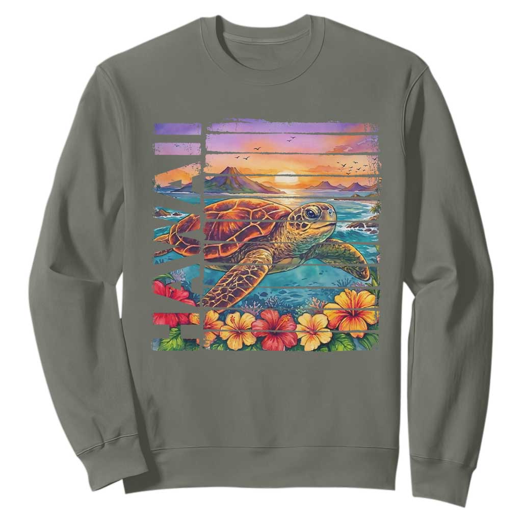 Hawaii Sea Turtle Sweatshirt Tropical Sunset Island Vacation Gift TS12 Military Green Print Your Wear