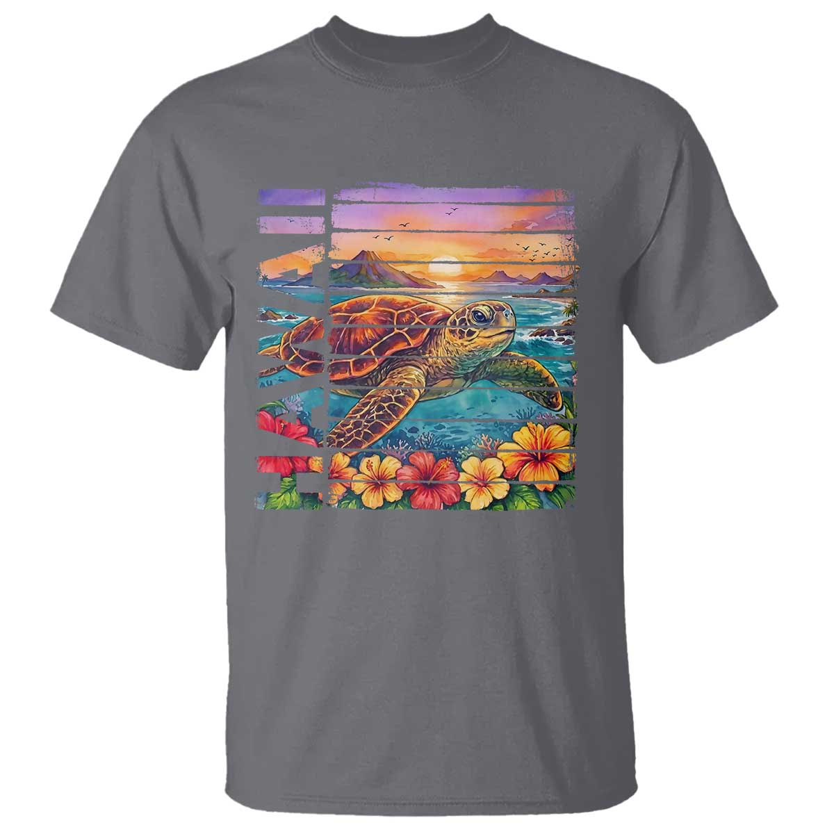 Hawaii Sea Turtle T Shirt Tropical Sunset Island Vacation Gift TS12 Charcoal Print Your Wear