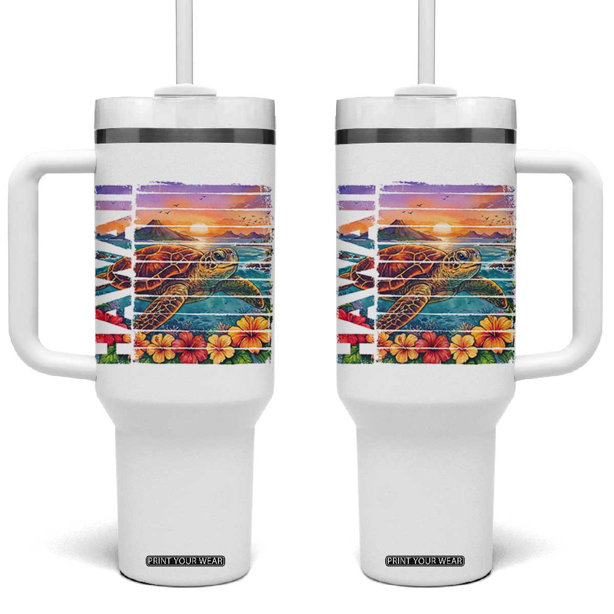 Hawaii Sea Turtle Tumbler With Handle Tropical Sunset Island Vacation Gift TS12 One Size: 40 oz White Print Your Wear