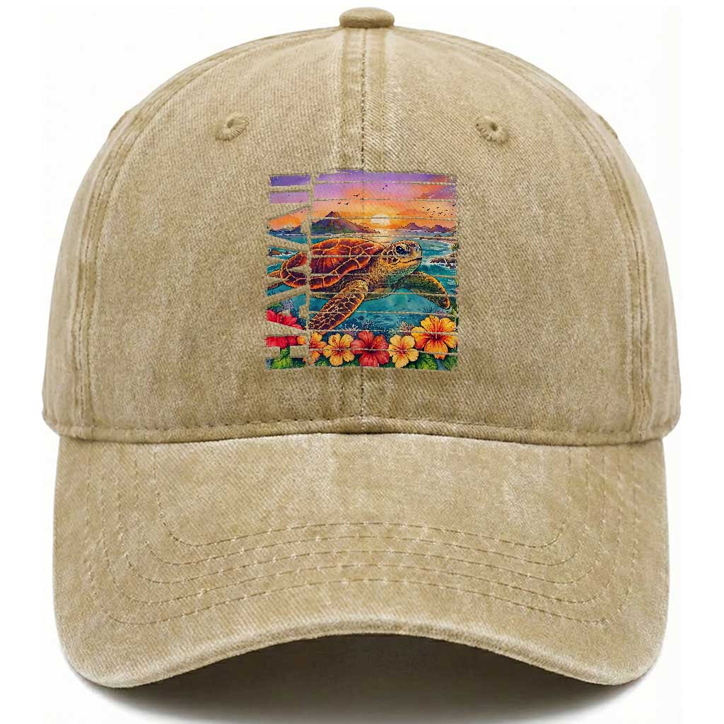Hawaii Sea Turtle Washed Cotton Baseball Cap Tropical Sunset Island Vacation Gift TS12 Print Your Wear