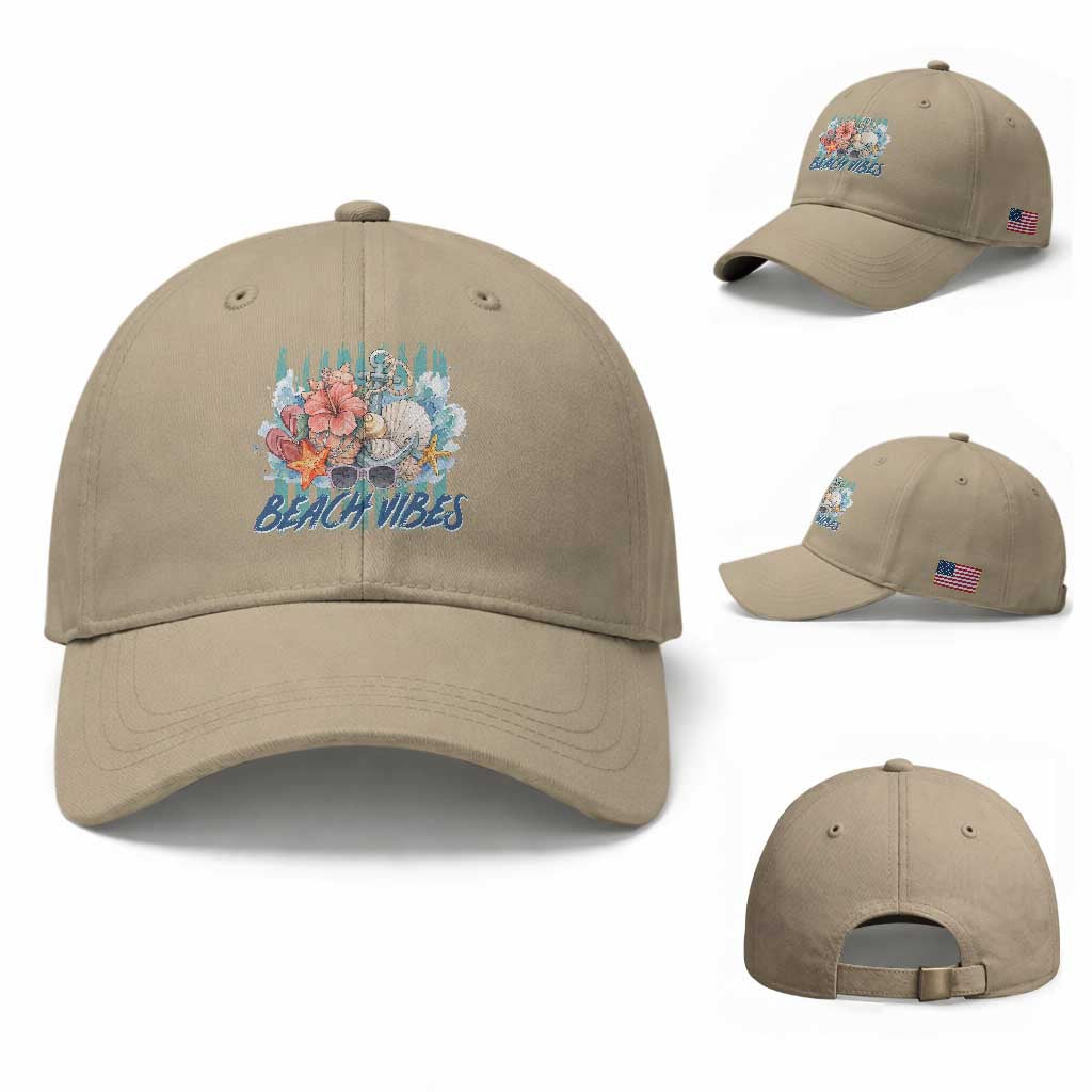Beach Vibes Baseball Cap Floral Seashell Coastal Vacation Graphic TS12 Baseball Cap Universal Fit Khaki Print Your Wear