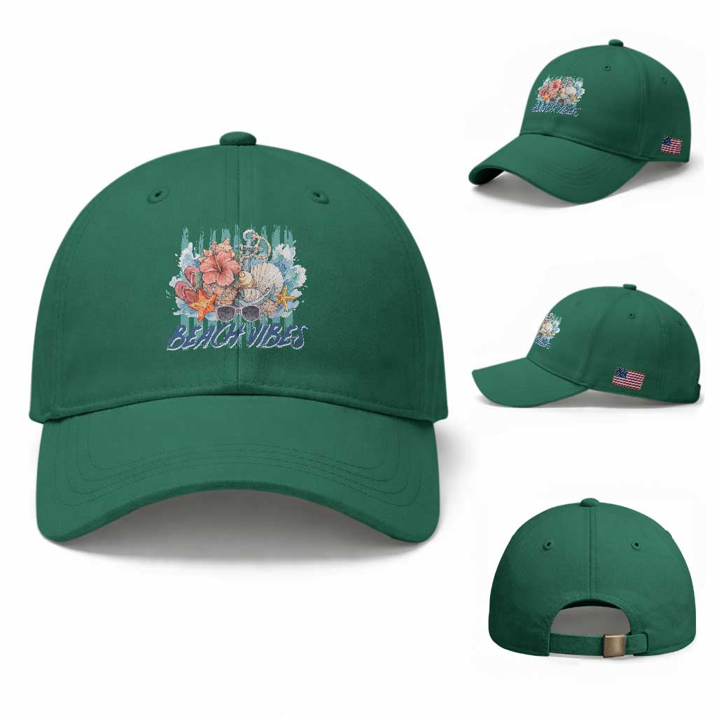 Beach Vibes Baseball Cap Floral Seashell Coastal Vacation Graphic TS12 Baseball Cap Universal Fit Irish Green Print Your Wear