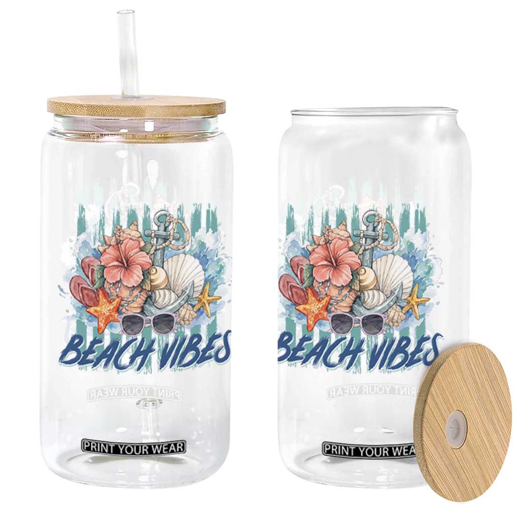 Beach Vibes Glass Can Floral Seashell Coastal Vacation Graphic TS12 Print Your Wear