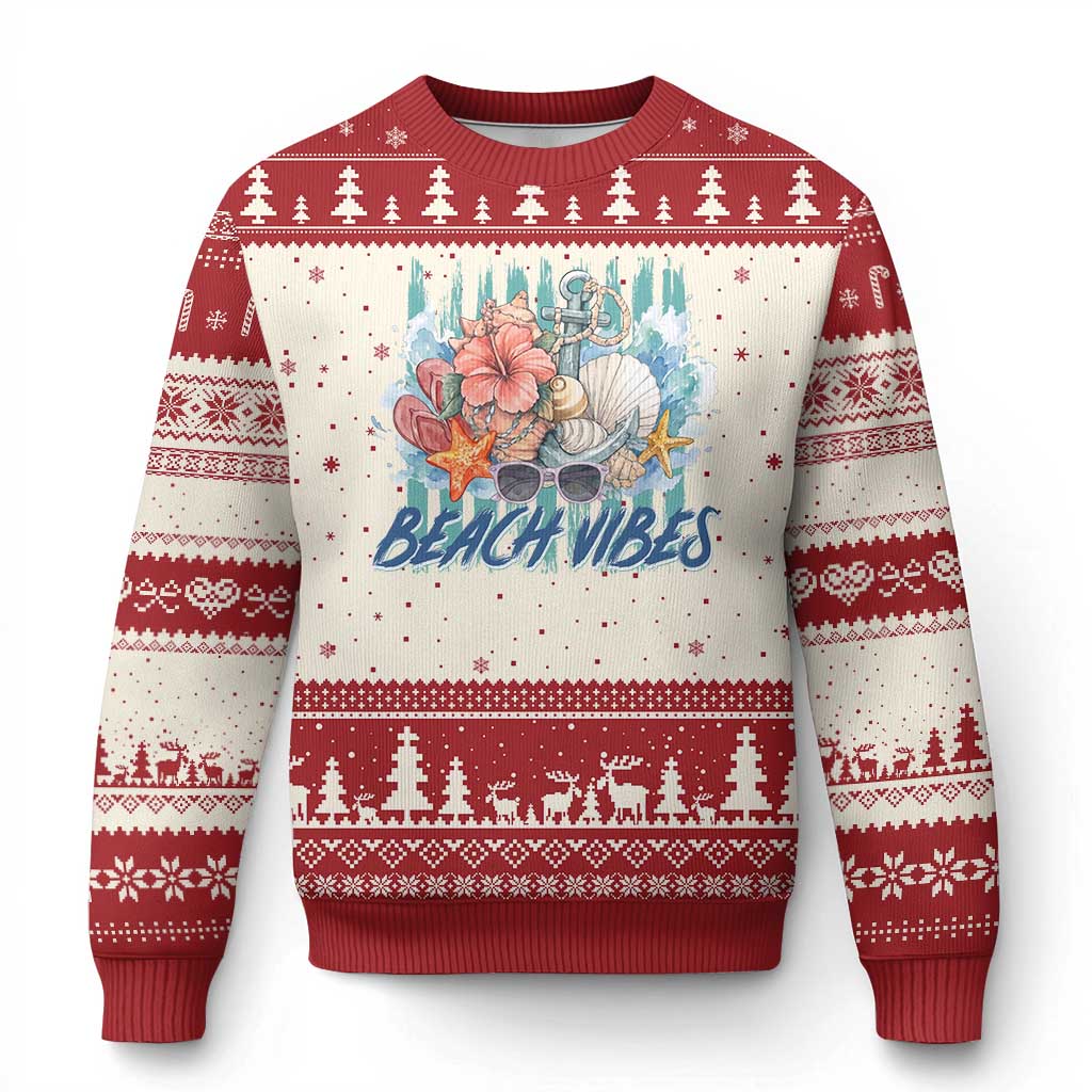 Beach Vibes Ugly Christmas Sweater Floral Seashell Coastal Vacation Graphic TS12 Beige Red Print Your Wear