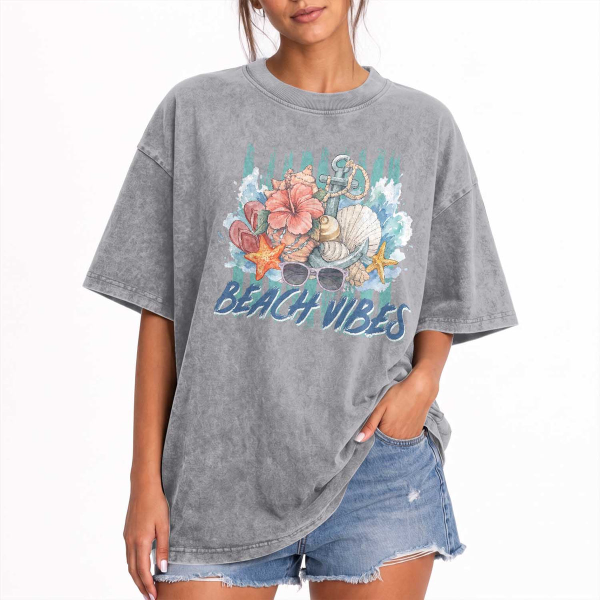 Beach Vibes Washed Cotton T-Shirt Floral Seashell Coastal Vacation Graphic