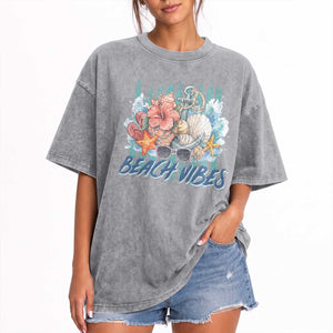 Beach Vibes Washed Cotton T-Shirt Floral Seashell Coastal Vacation Graphic