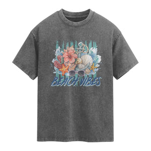 Beach Vibes Washed Cotton T-Shirt Floral Seashell Coastal Vacation Graphic