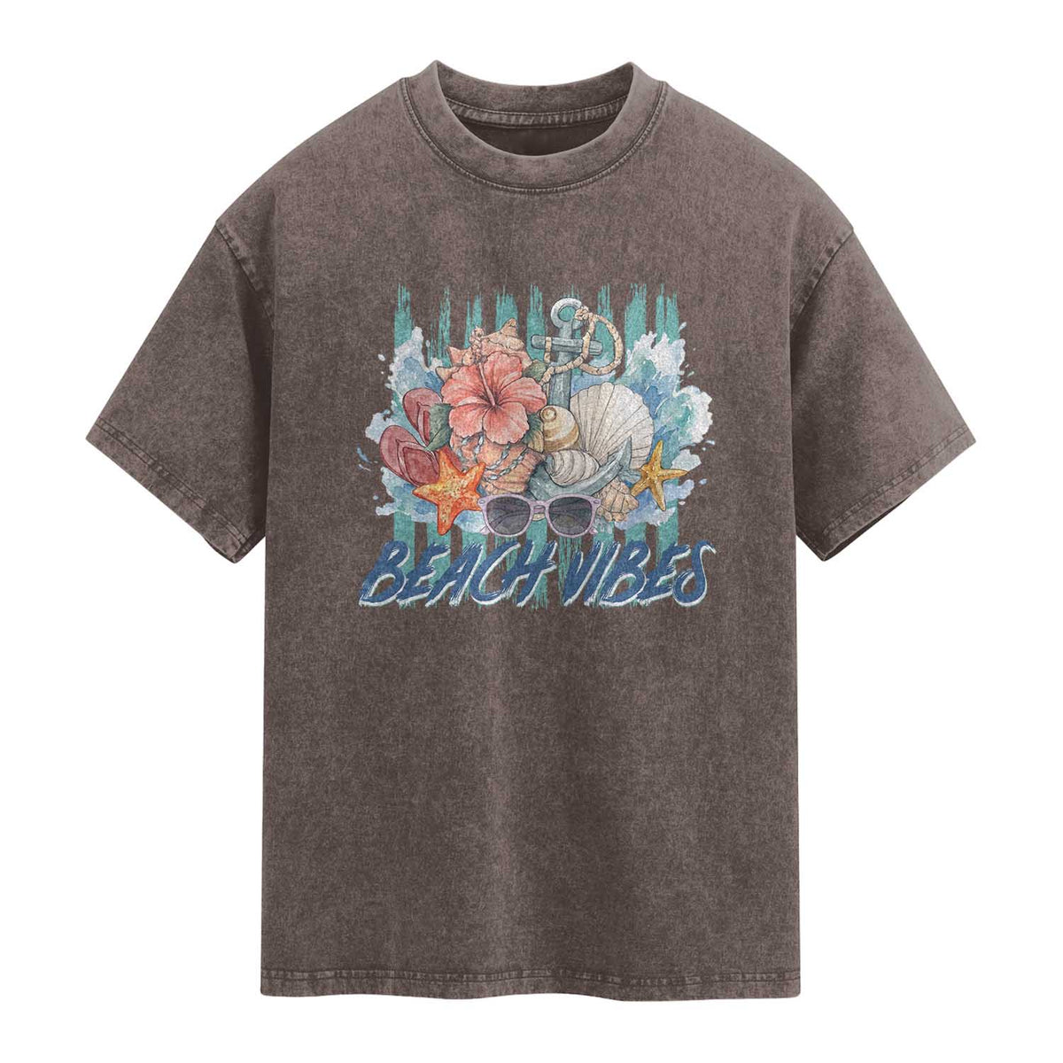 Beach Vibes Washed Cotton T-Shirt Floral Seashell Coastal Vacation Graphic