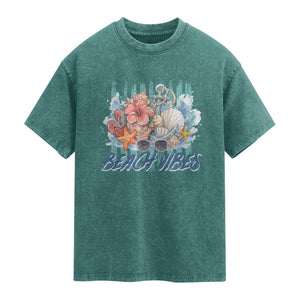 Beach Vibes Washed Cotton T-Shirt Floral Seashell Coastal Vacation Graphic
