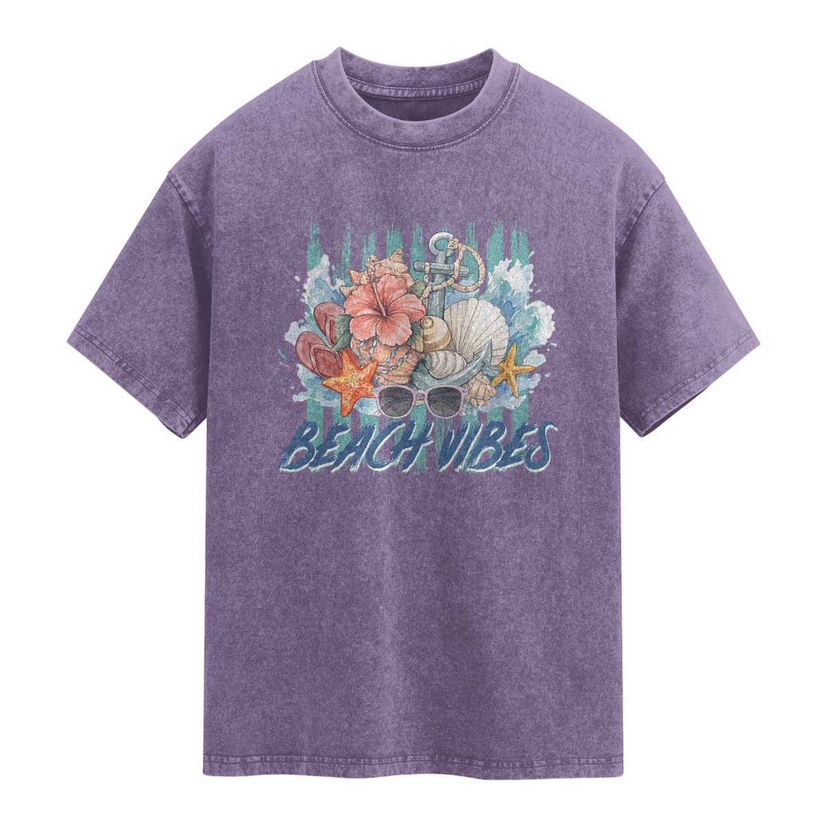Beach Vibes Washed Cotton T-Shirt Floral Seashell Coastal Vacation Graphic
