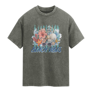 Beach Vibes Washed Cotton T-Shirt Floral Seashell Coastal Vacation Graphic