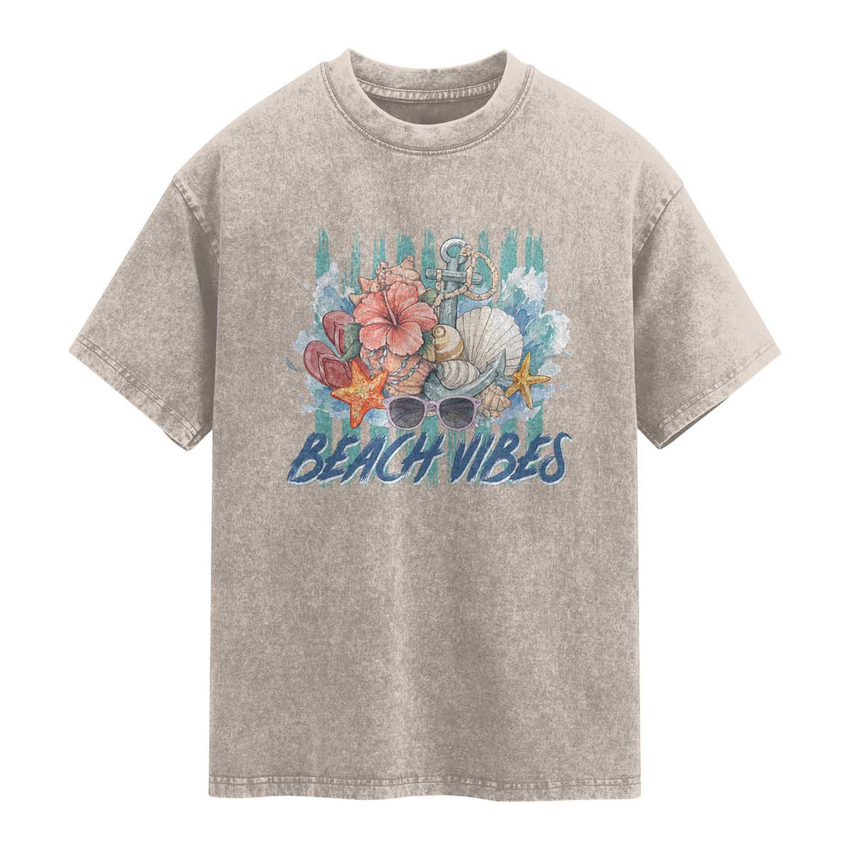 Beach Vibes Washed Cotton T-Shirt Floral Seashell Coastal Vacation Graphic