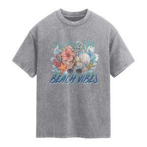 Beach Vibes Washed Cotton T-Shirt Floral Seashell Coastal Vacation Graphic