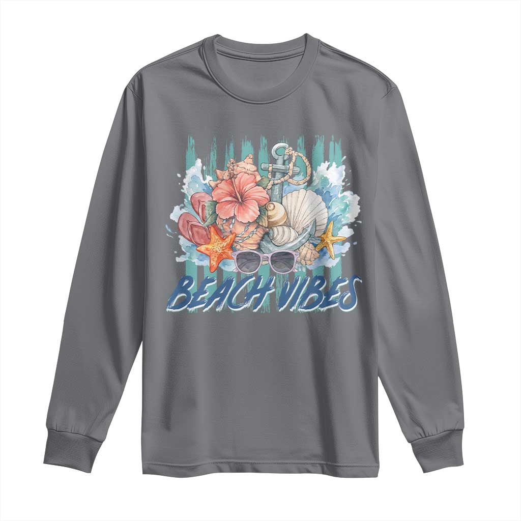 Beach Vibes Long Sleeve Shirt Floral Seashell Coastal Vacation Graphic TS12 Charcoal Print Your Wear