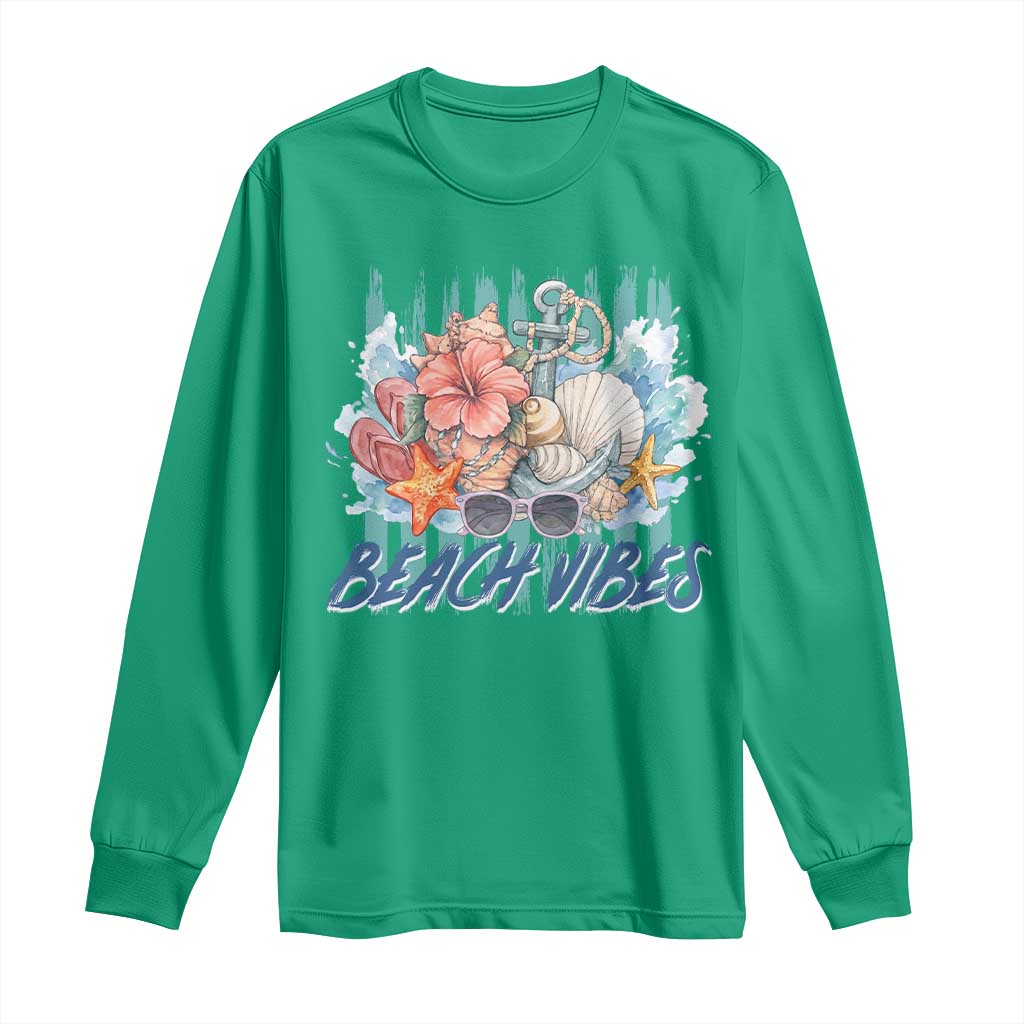 Beach Vibes Long Sleeve Shirt Floral Seashell Coastal Vacation Graphic TS12 Irish Green Print Your Wear