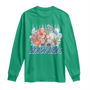 Beach Vibes Long Sleeve Shirt Floral Seashell Coastal Vacation Graphic TS12 Irish Green Print Your Wear