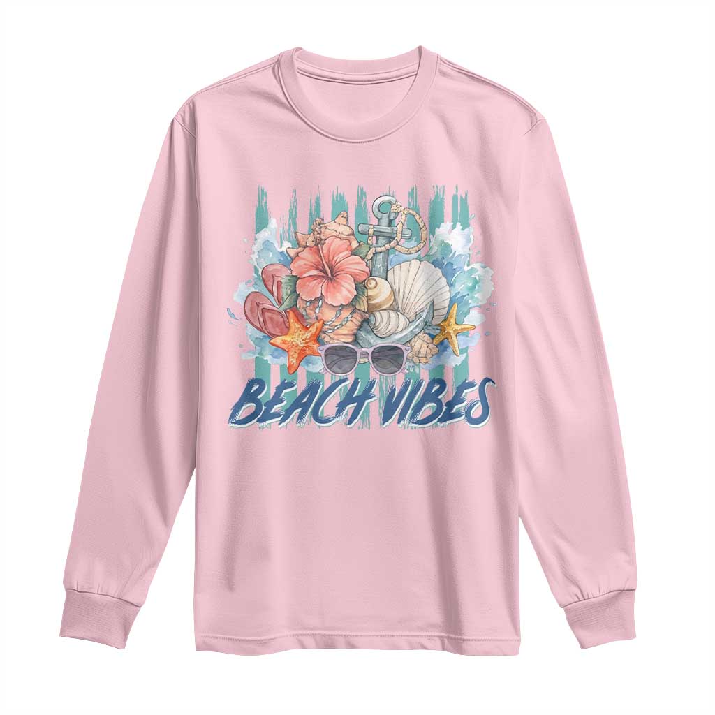 Beach Vibes Long Sleeve Shirt Floral Seashell Coastal Vacation Graphic TS12 Light Pink Print Your Wear
