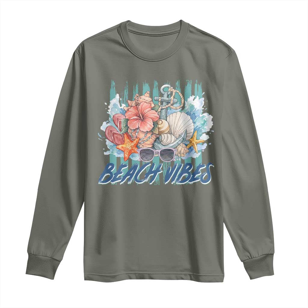 Beach Vibes Long Sleeve Shirt Floral Seashell Coastal Vacation Graphic TS12 Military Green Print Your Wear