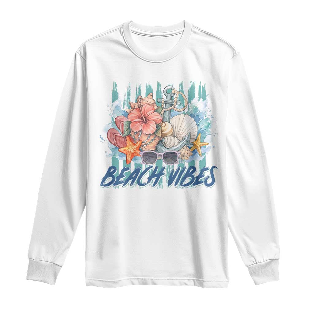Beach Vibes Long Sleeve Shirt Floral Seashell Coastal Vacation Graphic TS12 White Print Your Wear
