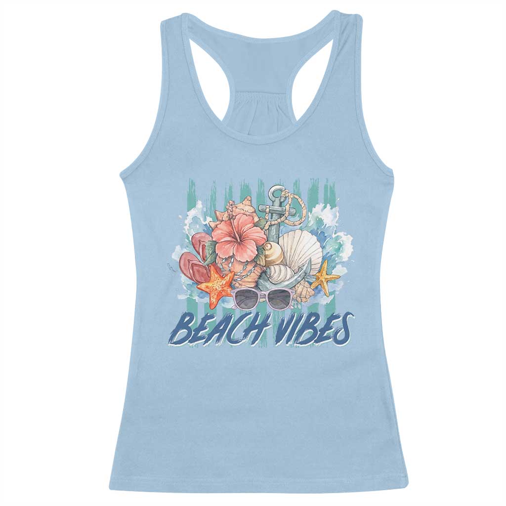 Beach Vibes Racerback Tank Top Floral Seashell Coastal Vacation Graphic TS12 Light Blue Print Your Wear