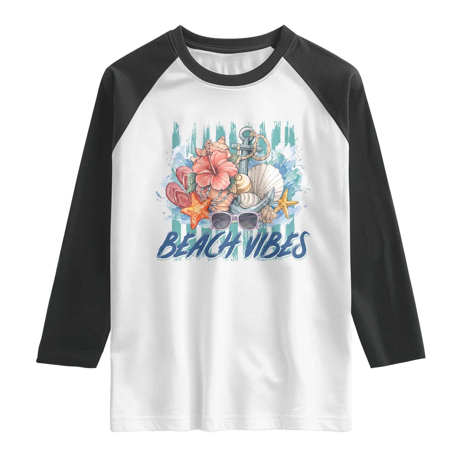 Beach Vibes Raglan Shirt Floral Seashell Coastal Vacation Graphic TS12 White Black Print Your Wear