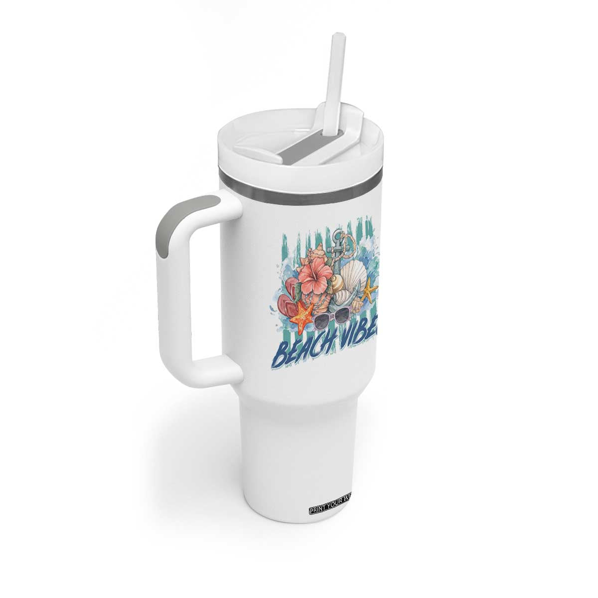 Beach Vibes Tumbler With Handle Floral Seashell Coastal Vacation Graphic TS12 Print Your Wear